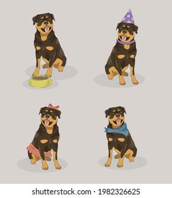 A set of rottweiler in different costumes: one wearing bandana, another con, one more has a bowl  and the last one is a girl wearing skirt and a bow. Good for veterinar, dog's barber shop or food.