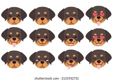 Set of Rottweiler dog emotions. Funny Smiling and angry, sad and delight dog. Face of dog cartoon emoji. Illustration about kawaii animal and pet in flat vector style.