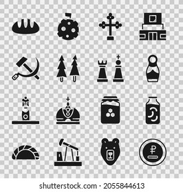 Set Rouble, Ruble Currency, Pickled Cucumbers In A Jar, Russian Doll Matryoshka, Christian Cross, Christmas Tree, Hammer And Sickle USSR, Bread Loaf And Chess Icon. Vector