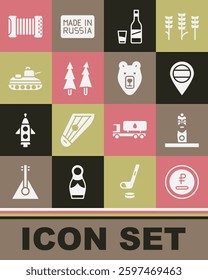 Set Rouble, ruble currency, Slavic pagan idol, Location Russia, Bottle of vodka with glass, Christmas tree, Military tank, Accordion and Bear head icon. Vector