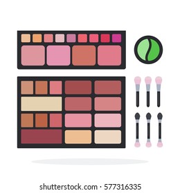 Set rouge and eye shadows for makeup vector flat material design object. Isolated illustration on white background.
