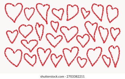 Conjunto de contornos de corazón de tiza roja dibujados a mano, estéticos y ásperos. Perfecto para invitaciones de bodas rústicas, tarjetas de San Valentín, planificadores digitales y proyectos de diseño artístico.