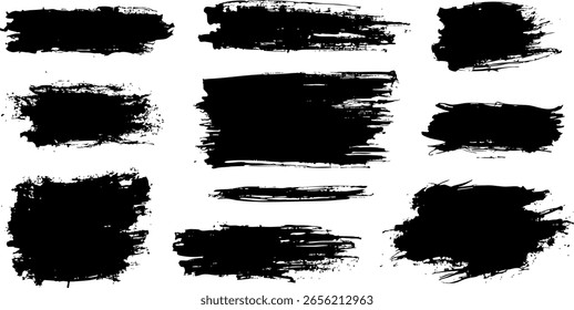 Conjunto de traçados de pincel de tinta preta áspera em estilo artístico grunge em fundo branco, conceito de elementos de design criativo e texturas artísticas