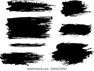 Set von rauen schwarzen Pinselstrichen im farbigen künstlerischen Stil auf weißem Hintergrund, Konzept von kreativen Designelementen und künstlerischen Texturen