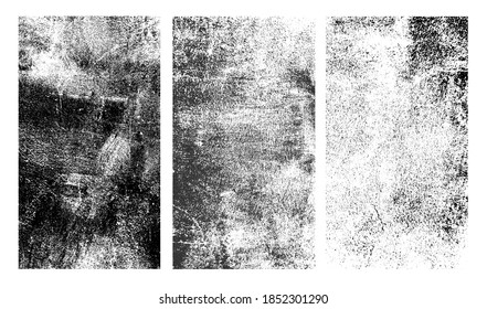 Conjunto de texturas en blanco y negro ásperas. Textura superpuesta angustiada. Fondo antiguo. Efecto texturizado abstracto monocromo vintage. Ilustración vectorial. Negro aislado sobre fondo blanco. 