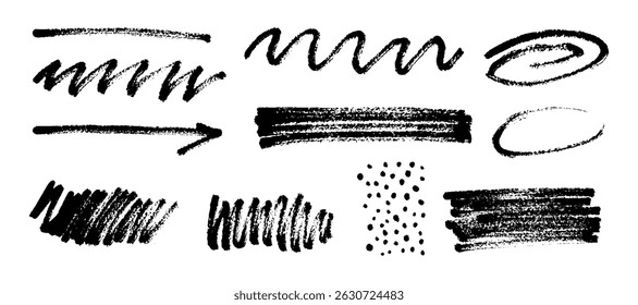 Set of rough charcoal brush strokes. Hand drawn pencil lines and squiggles in doodle style. Grunge sketchy texture collection on white background. Vector illustration