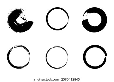 A set of rough circle brush strokes and frames in vector form. Abstract design element for a circular logo.