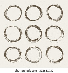 Set of rough doodle hand drawn round frames. Vector illustration.