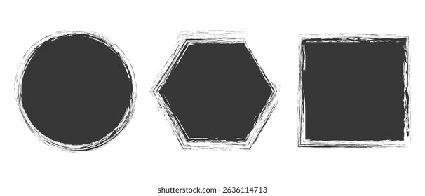 Set of rough geometric shapes silhouettes, Vector grunge brush strokes in circle shape, Vector elements isolated on white.