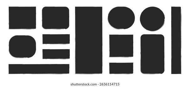 Set of rough geometric shapes silhouettes, Vector grunge brush strokes in circle shape, Vector elements isolated on white.