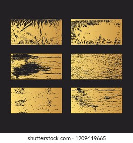 Set of rough glitter grunge textures. Golden foil background. Dirty rectangular ink torn box. Vector isolated illustration.