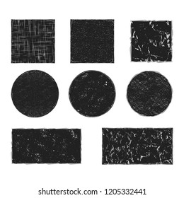 Set of rough grunge textured boxes. Dirty square, round, rectangular ink textures. Vector isolated illustration.