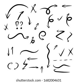 Set of rough hand drawn, grunge, handmade elements arrows, waypoints isolated on white background EPS Vector