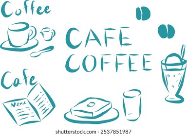 É um conjunto de ilustrações de desenho de linha áspera com o tema de um café.