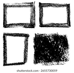 Set of rough rectangle frames with bold textured strokes and ink smudges. Vector illustration for modern artistic design.
