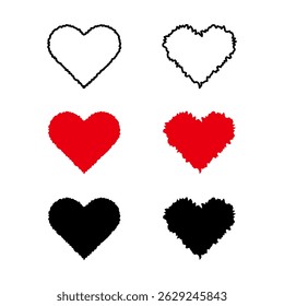 Set of Rough Textured Heart Shapes Vector Illustration. A collection of six hand drawn heart shapes with rough, irregular and textured edges.