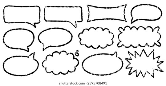 Set of rough, textured speech and thought bubbles with grunge-style edges. Perfect for comic dialogues, notes, and creative designs. Empty frames for customizable text, conversation, or emphasis.