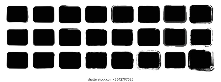 Set of rough textured square blocks and outlined boxes rendered in ink and brush strokes, suitable for artistic design, layout, and digital use.


