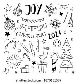 Set of roughly hand drawn, handmade Happy New Year and Merry Xmas, Christmas related doodles, decorations, decors on white background EPS Vector