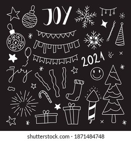 Set of roughly hand drawn, handmade Happy New Year and Merry Xmas, Christmas related doodles, decorations, decors on black background EPS Vector