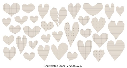Conjunto de corazones de papel cortados a mano con varias texturas de cuaderno: cuadrícula, líneas, puntos sobre fondo blanco. Vector collage para scrapbooking, diseño de álbum de fotos, presentaciones, publicaciones en redes sociales.