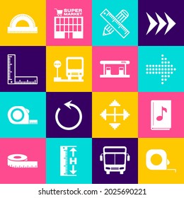 Ajuste la construcción de la ruleta, el libro de audio, la flecha puntos, la regla cruzada y el lápiz, la parada de autobús, el plegado, la rejilla del tractor y el icono de la estación de servicio de gas. Vector