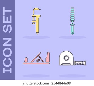 Set Roulette construction, Calliper or caliper and scale, Wood plane tool and Chisel tool for wood icon. Vector