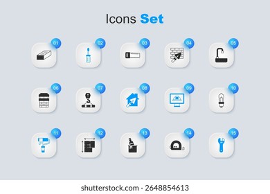 Set Roulette construction, Crane hook, Screwdriver, Paint roller brush, Adjustable wrench, Light bulb, Brick and House with trowel icon. Vector