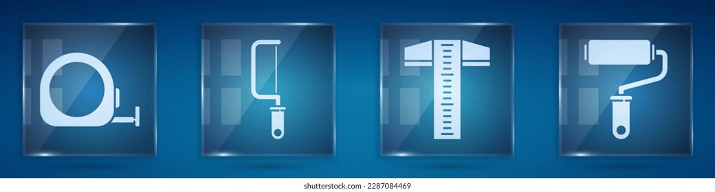 Set Roulette construction, Hacksaw, T-square line and Paint roller brush. Square glass panels. Vector