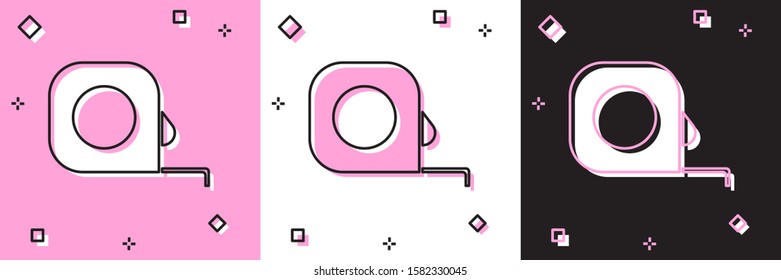 Set Roulette construction icon isolated on pink and white, black background. Tape measure symbol.  Vector Illustration