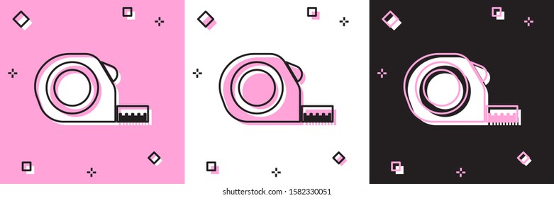 Set Roulette construction icon isolated on pink and white, black background. Tape measure symbol.  Vector Illustration