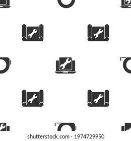 Set Roulette construction, Laptop service and Graphing paper and wrench on seamless pattern. Vector