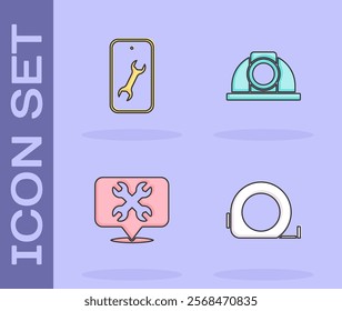 Set Roulette construction, Mobile service, Location with wrench and Worker safety helmet icon. Vector