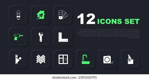 Set Roulette construction, Paint bucket with brush, Adjustable wrench, Washbasin, Electric drill machine, Parquet, House trowel and Window room icon. Vector