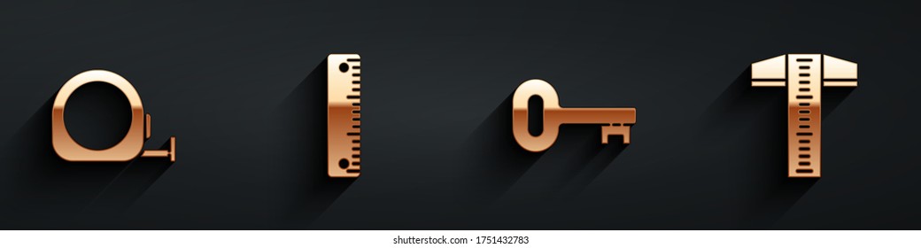 Set Roulette construction, Ruler, Old key and T-square line icon with long shadow. Vector