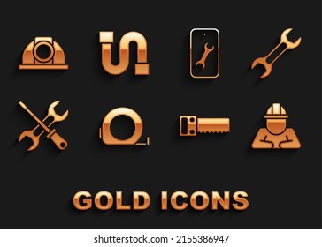 Set Roulette construction, Wrench spanner, Builder, Hand saw, Screwdriver wrench, Mobile service, Worker safety helmet and Industry pipe icon. Vector