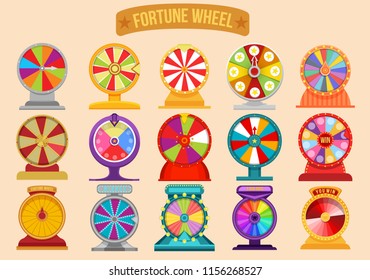 set of roulette fortune spinning wheels. Wheel fortune spin. Lottery luck illustration casino money games.