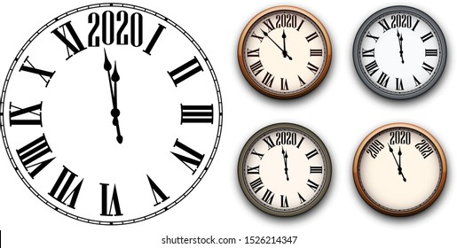 Set of round 2020 New Year clock isolated on white background. Flat and 3d templates for Christmas greeting card design and decoration. Vector illustration.