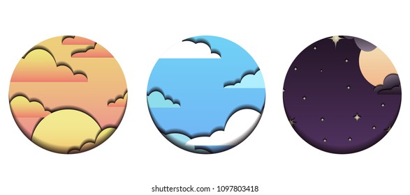 Set of round 3d banners with sky and clouds cut out from paper. Weather. Times of day. Vector element for your design