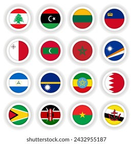 Set of round 3D buttons of national flags of different countries.