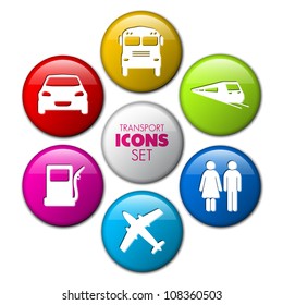 Set of round 3D transport buttons - car, bus, train, plane, gas station