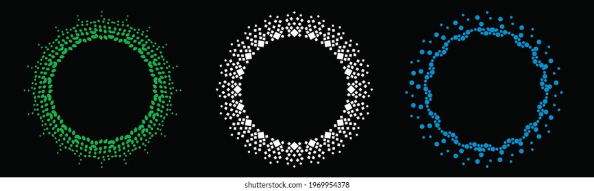 Set Of Round Abstract Background, Border Template With Blank Space For Text. Circle, Ring Shape Made Of Spots, Dots, Small Beads, Circular Spots.