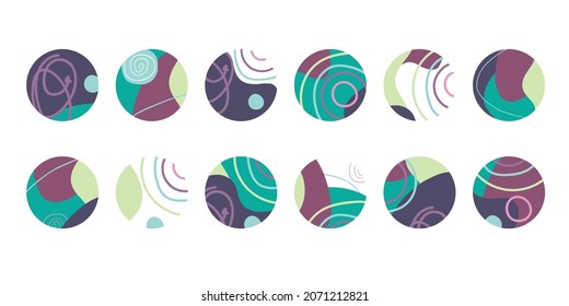 Set of round abstract backgrounds with colored spots and lines. Vector illustration. Illustration for mobile apps, social media icons templates, designs, posters and advertisements.