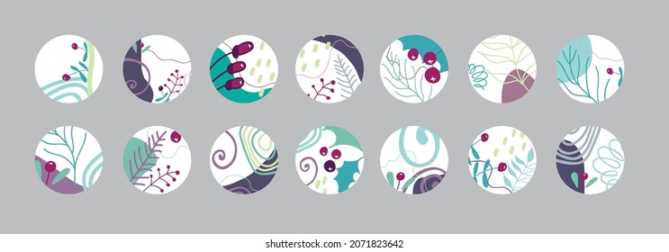 Set of round abstract backgrounds with colored spots, lines, branches and berries. Vector illustration. Illustration for mobile apps, social media icons templates, designs, posters and advertisem