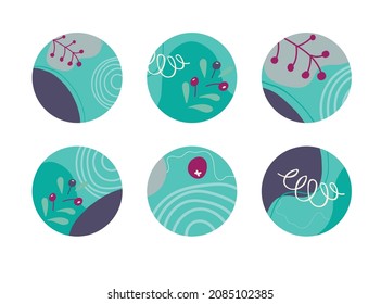 Set of round abstract backgrounds with colored spots, berries, branches, curls and lines. Vector illustration. Illustration for mobile apps, social media icons templates, designs, and advertisements.
