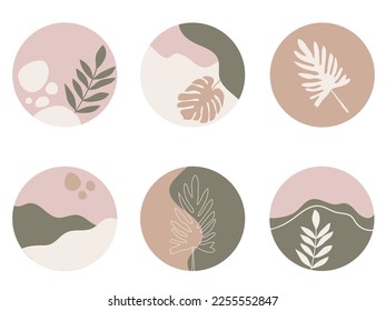 A set of round abstract backgrounds with exotic plants.Spots, drops, curves, lines.