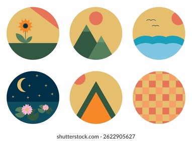 Conjunto de fundos abstratos redondos, ícones de verão, montanha, mar, viagens, acampamento, natureza e sol. Adequado para aplicativos, adesivos, marcas, sites e design Ilustração de vetor