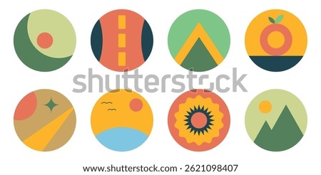 Set of round abstract backgrounds, icons of summer, mountain, sea, travel, camping, nature and sun. Suitable for apps, stickers, branding, websites and design Vector illustration
