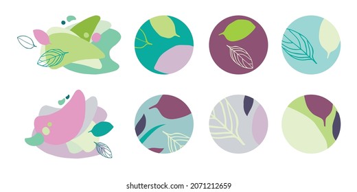 Set of round abstract backgrounds with leaves. Vector illustration. Illustration for mobile apps, social media icons templates, designs, posters and advertisements.