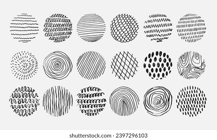  Set of round abstract backgrounds or patterns. Hand drawn doodle shapes. Spots, drops, curves, lines. Posters, social media icons templates. Contemporary modern trendy vector illustration for design